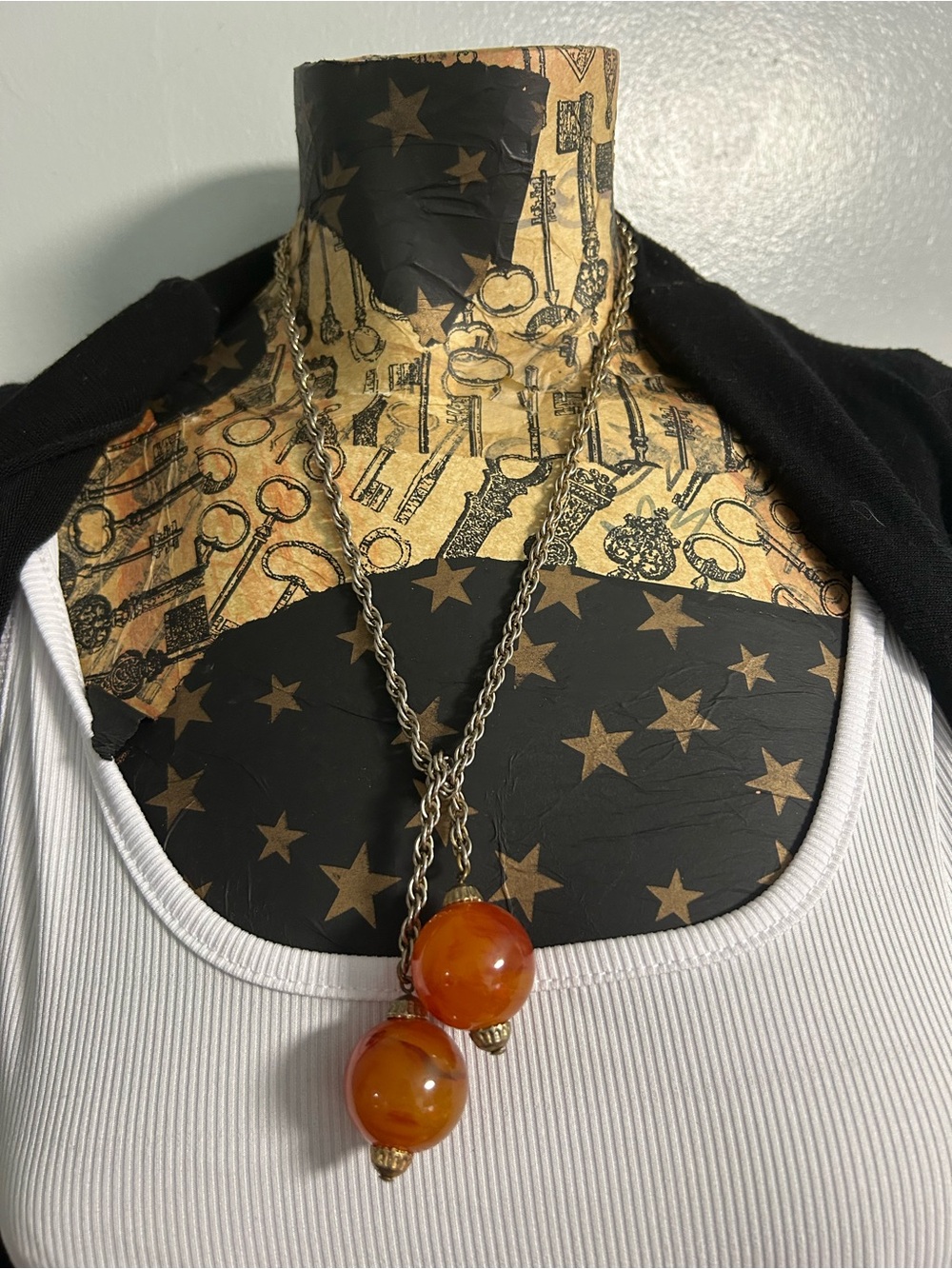 Vintage Silver-Tone Chain Necklace with Orange Bead Drops